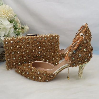 Coffee-colored lace flower wedding heels and matching purse set with pointed toes, ankle straps, and pearl details.
