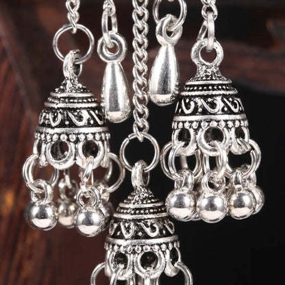 Silver Egyptian geometric bell earrings with long tassel drops, Afghan Turkish ethnic jewelry for women by 𝕄𝕔 𝕋𝕙𝕖 𝔹𝕝𝕒𝕔𝕜 𝔻𝕚�