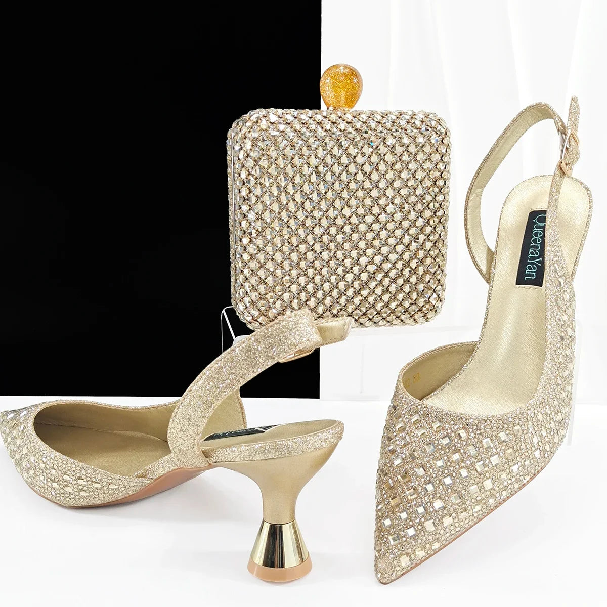 MC THE BLACK DIAMOND charming heels and matching bag set for women, silver Italian shoes perfect for parties and weddings.
