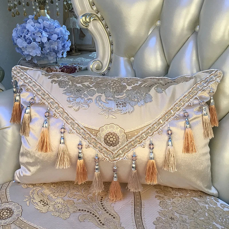 European luxury Jacquard tassel lace decorative sofa pillow cushion cover, rectangular large backrest cushion case by 𝕄𝕔 𝕋𝕙𝕖 𝔹𝕝𝕒𝕔𝕜 𝔻�