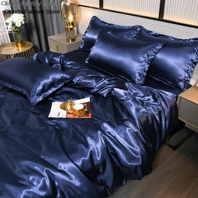 Luxury Mulberry Satin Bedding Set with silky duvet cover and sheets, soft, skin-friendly, high-end queen-sized bedsheets by 𝕄𝕔 𝕋𝕙𝕖 𝔹𝕝𝕒𝕔𝕜 �