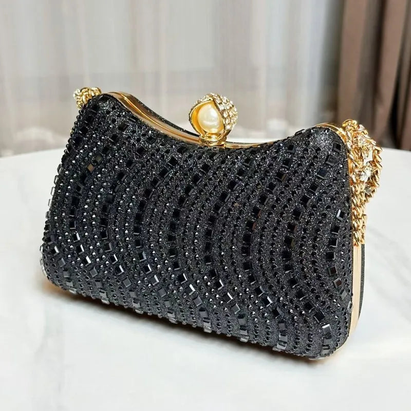 MC THE BLACK DIAMOND rhinestone evening clutch bag with gold, silver, and blue accents, featuring diamond inlay and retro luxury design.