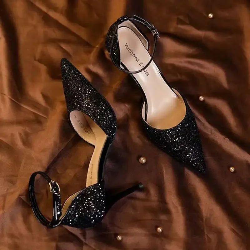 MC THE BLACK DIAMOND French style sequin high heels with hollow-out design, pointed toe, single strap, perfect for spring and autumn fashion.