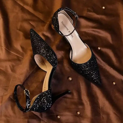 MC THE BLACK DIAMOND French style sequin high heels with hollow-out design, pointed toe, single strap, perfect for spring and autumn fashion.