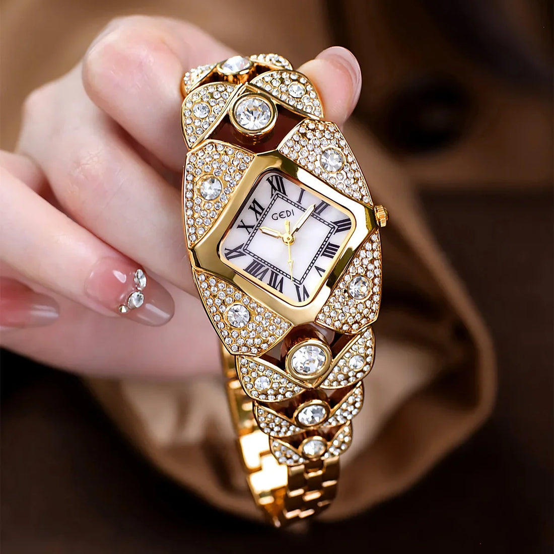 Women’s luxury brand diamond inlaid bracelet watch by MC The Black Diamond featuring a sleek design and elegant timepiece style.