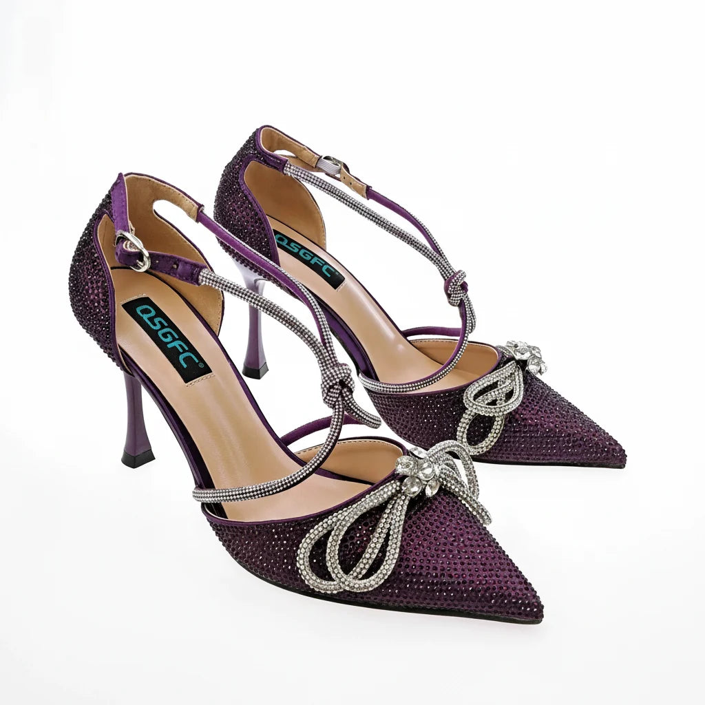 MC THE BLACK DIAMOND purple rhinestone party shoes and bags set with pointed toe high heels and full upper design.