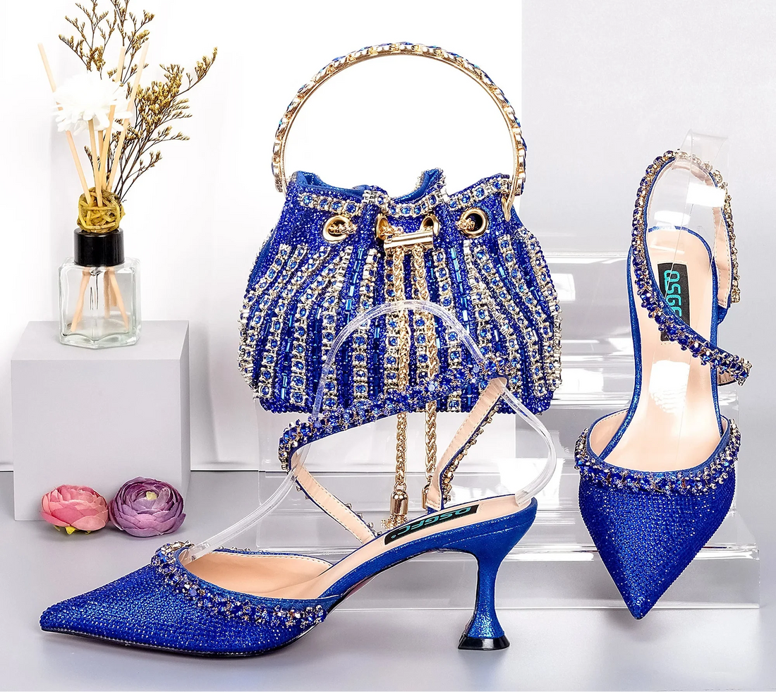 Royal blue MC THE BLACK DIAMOND high heels and metallic bucket bag with drill chain decoration for fashion and banquets.
