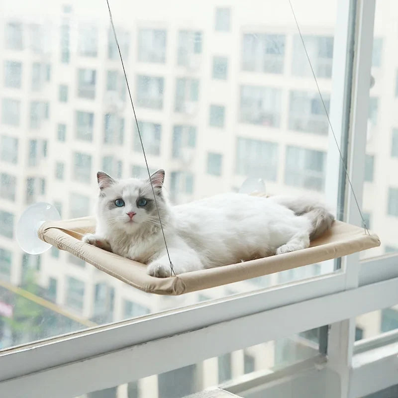 MC THE BLACK DIAMOND cat window bed hammock with suction cups, providing a cozy perch for cats to relax by the window.