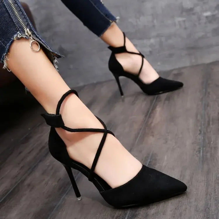MC THE BLACK DIAMOND suede cross-strap Roman sandals with high heels, pointed toe, one-line buckle, women&