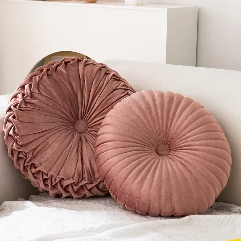 Pink round pumpkin-shaped pillow by MC THE BLACK DIAMOND, soft seat cushion and waist pillow for sofa and home decor.