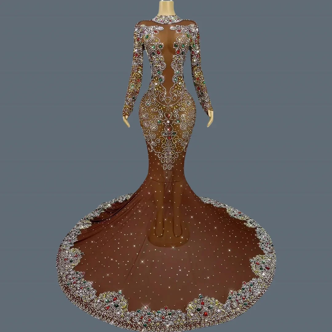 MC THE BLACK DIAMOND luxury floor-length dress with sparkling crystals, elegant and glamorous evening wear.
