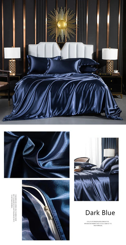 Luxury silk bedding set with duvet cover, fitted sheet, flat sheet, and pillowcases in king and queen sizes from 𝕄𝕔 𝕋𝕙𝕖 𝔹𝕝𝕒𝕔𝕜 𝔻