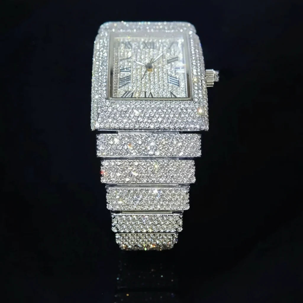 Luxury gold ice watch by MC THE BLACK DIAMOND featuring a diamond-bling rectangle quartz design for men