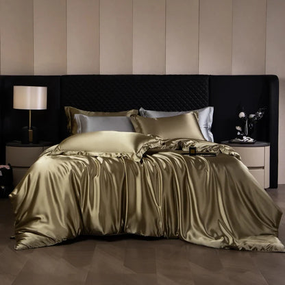 Luxury silk bed sheets set with duvet cover, fitted sheet, flat sheet, and pillowcases in king size from 𝕄𝕔 𝕋𝕙𝕖 𝔹𝕝𝕒𝕔𝕜 𝔻�