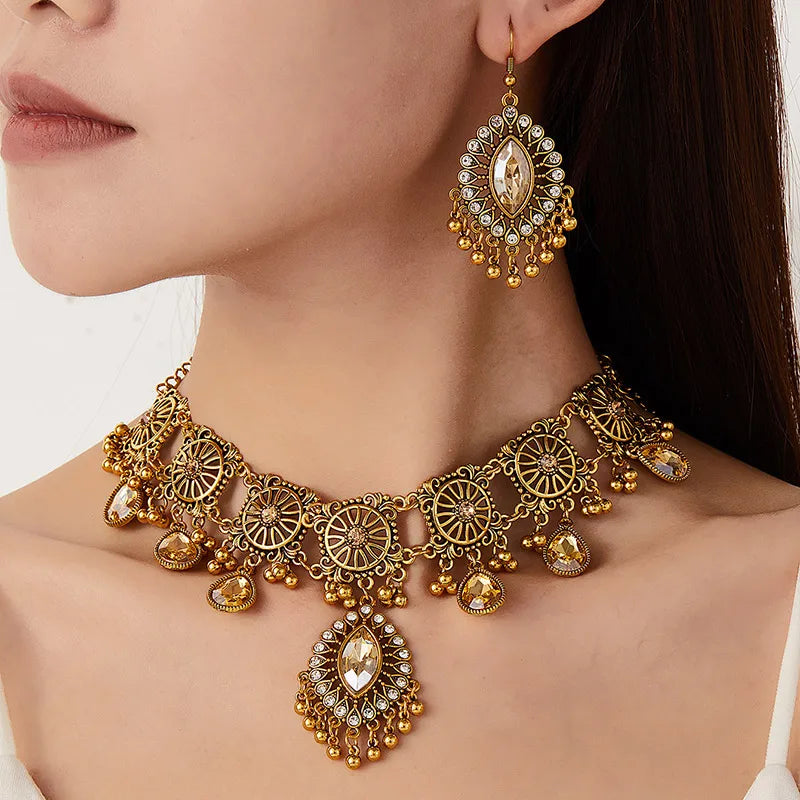 Vintage ethnic jewelry set with resin stones, water drop pendant necklace and earrings by Mc The Black Diamonds.