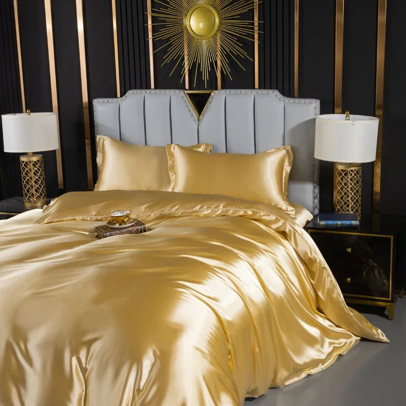 Luxurious solid silk bedding set with duvet cover, fitted sheet, flat sheet, and pillowcases from 𝕄𝕔 𝕋𝕙𝕖 𝔹𝕝𝕒𝕔𝕜 𝔻𝕚