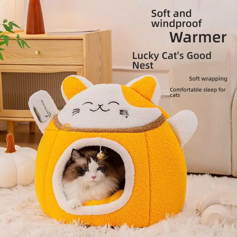 MC THE BLACK DIAMOND Lucky Fortune Cat Pet Bed, winter warm cave-style bed with cozy semi-enclosed design for pets.