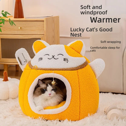 MC THE BLACK DIAMOND Lucky Fortune Cat Pet Bed, winter warm cave-style bed with cozy semi-enclosed design for pets.