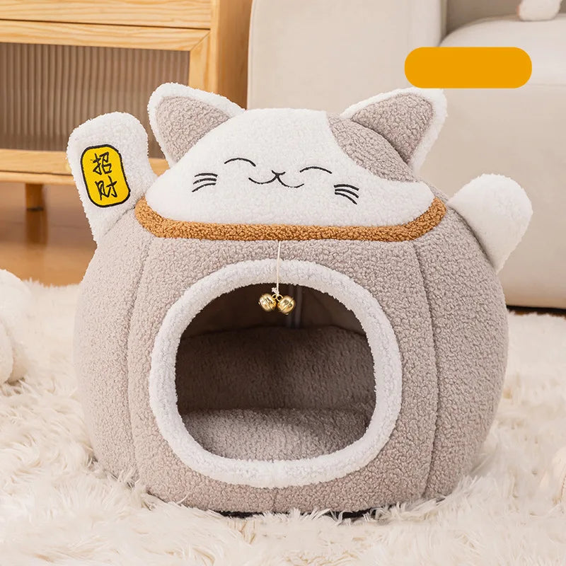 MC THE BLACK DIAMOND Lucky Fortune Cat Pet Bed in winter warm cave style, featuring a cozy, semi-enclosed design for pets.