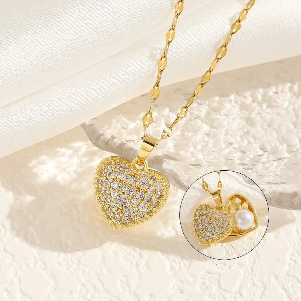 Gold-colored ZAKOL French shell pearl necklace with love heart charm, stainless steel choker and wedding jewelry for women.
