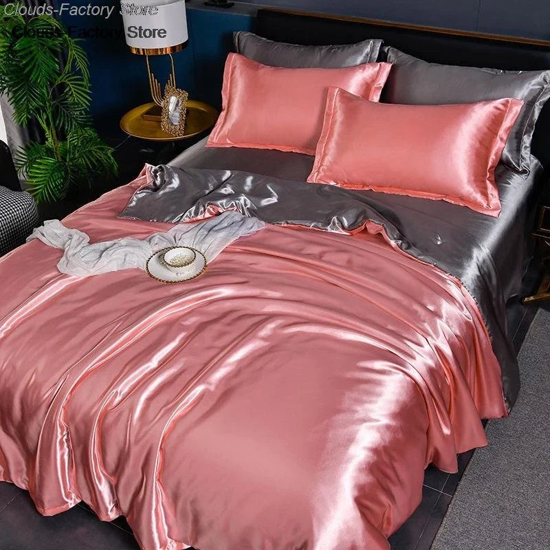 Luxury Mulberry silk bedding set featuring a satin duvet cover and sheet from 𝕄𝕔 𝕋𝕙𝕖 𝔹𝕝𝕒𝕔𝕜 𝔻𝕚𝕒𝕞