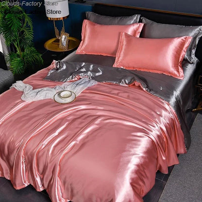 Luxury Mulberry silk bedding set featuring a satin duvet cover and sheet from 𝕄𝕔 𝕋𝕙𝕖 𝔹𝕝𝕒𝕔𝕜 𝔻𝕚𝕒𝕞