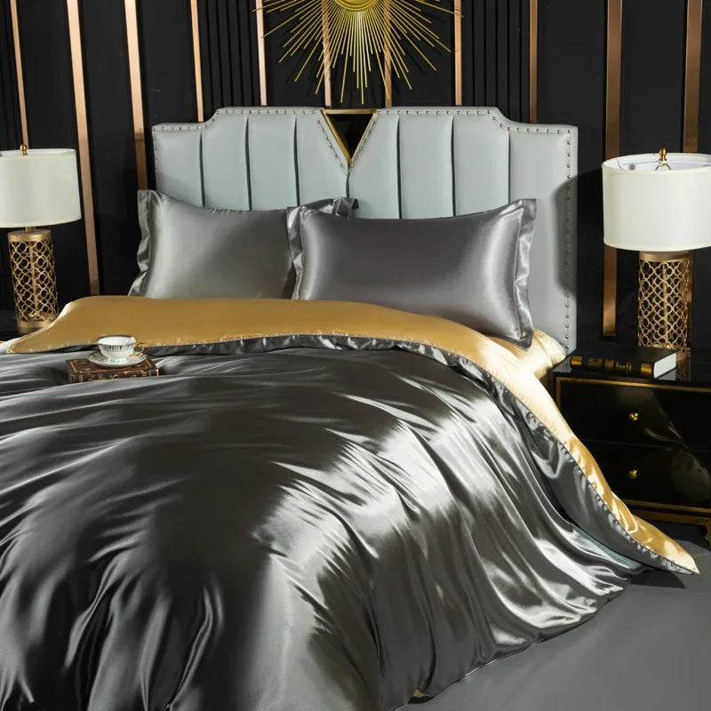 Luxury silk bedding set with duvet cover, fitted sheet, flat sheet, pillowcases in king and queen sizes from 𝕄𝕔 𝕋𝕙𝕖 𝔹𝕝𝕒𝕔𝕜 𝔻�