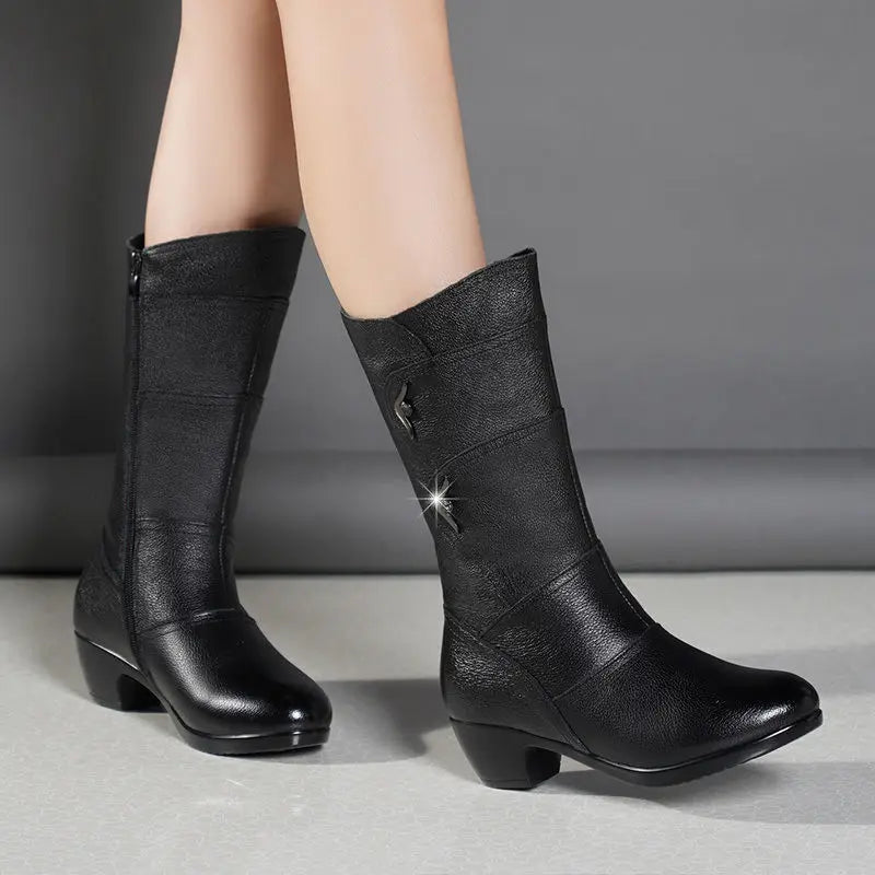 Women’s mid-calf wedge-heeled leather winter boots with a stylish design, from Mohammad Collection, featuring soft leather and durable soles.