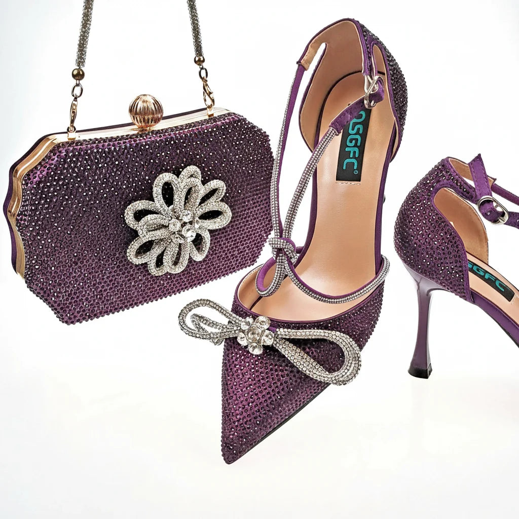 MC THE BLACK DIAMOND purple pointed toe high heels with rhinestones, matching women&