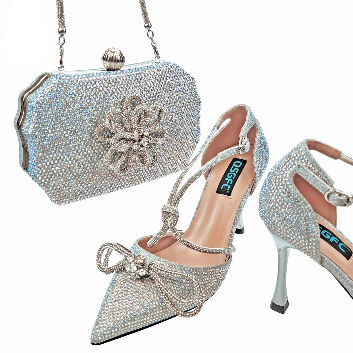 MC THE BLACK DIAMOND purple rhinestone party heels and matching bag set with pointed toes and high heels, full upper inlaid design