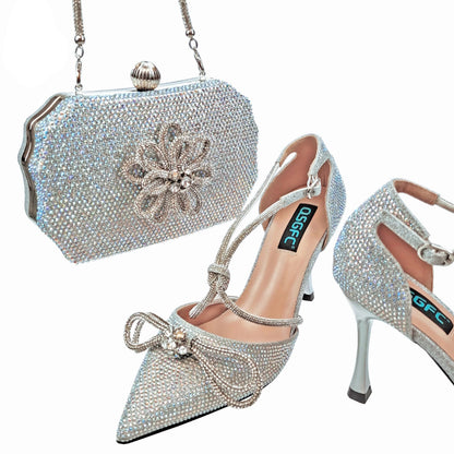 MC THE BLACK DIAMOND purple rhinestone party heels and matching bag set with pointed toes and high heels, full upper inlaid design