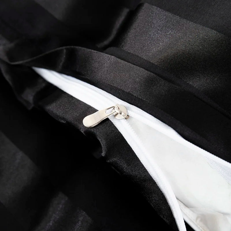 Luxury satin striped duvet cover set in ivory white, featuring silky-like fabric, available in full, queen, king, single, and double sizes.