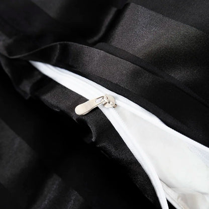 Luxury satin striped duvet cover set in ivory white, featuring silky-like fabric, available in full, queen, king, single, and double sizes.