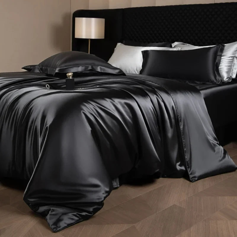 Luxury MC The Black Diamonds satin bedding set with solid color duvet cover in single, double, queen, or king size.
