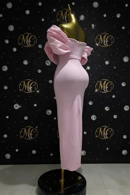 Pink evening dress by MC THE BLACK DIAMOND, featuring elegant design and fitting silhouette, perfect for formal events.