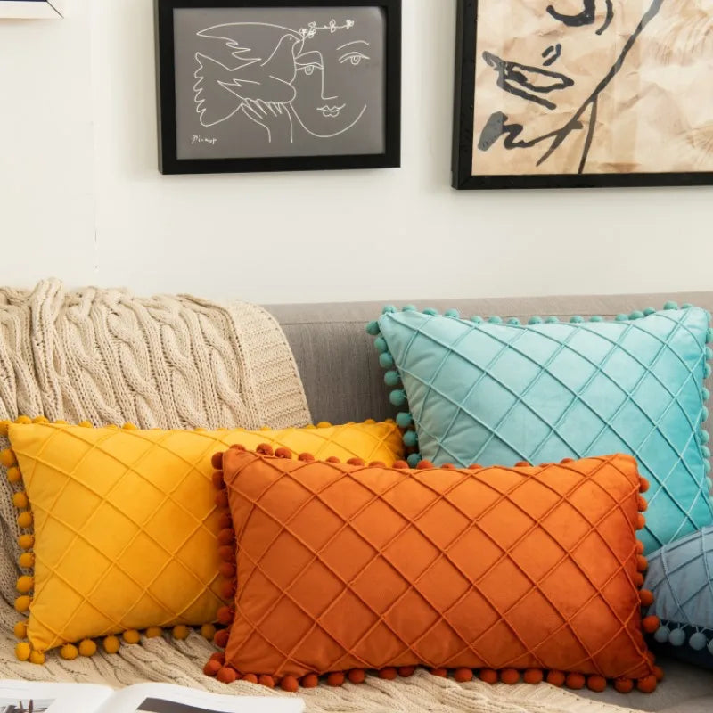 Solid color plush pillowcase with pompom trim from 𝕄𝕔 𝕋𝕙𝕖 𝔹𝕝𝕒𝕔𝕜 𝔻𝕚𝕒𝕞𝕠�