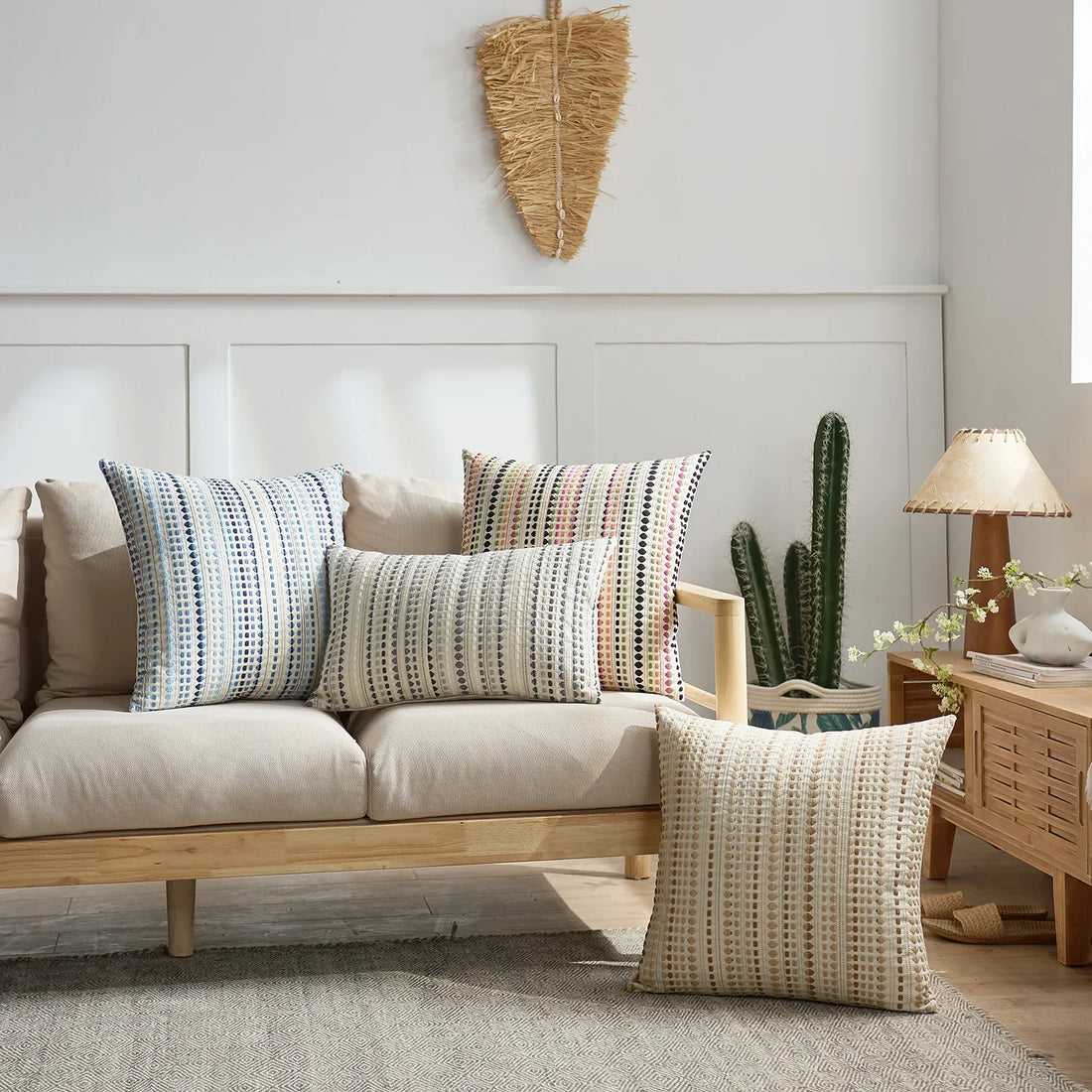 Nordic striped dots woven cushion cover by MC THE BLACK DIAMOND featuring cotton-linen geometric design for sofa home decor.