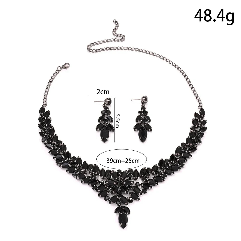 MC THE BLACK DIAMOND jewelry set featuring black leaf design, crystal accents, necklace and earrings for wedding or boho style.