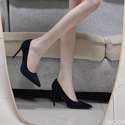 Black suede high heels for women, sharp pointed pump with elegant shallow mouth, from 𝕄𝕔 𝕋𝕙𝕖 𝔹𝕝𝕒𝕔𝕜 𝔻𝕚𝕒�