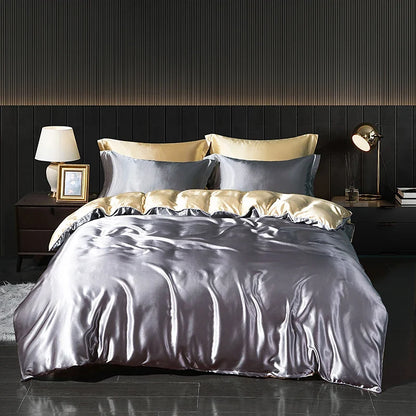 Luxury satin bedding set with fitted sheet and duvet cover by MC THE BLACK DIAMOND, featuring smooth, elegant home decor for a refined bedroom.