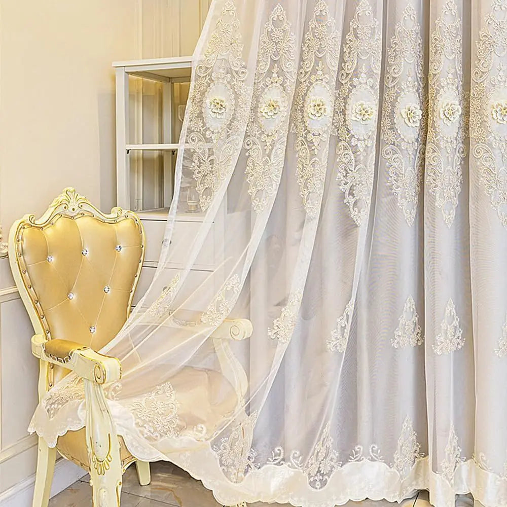 Beige European 3D embroidered double layer curtains with valance by MC THE BLACK DIAMOND, measuring 51x84 inches for living room or bedroom