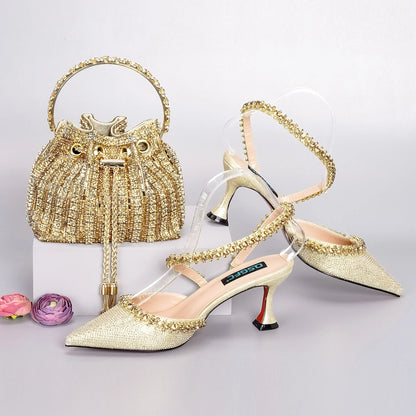 Royal blue MC THE BLACK DIAMOND high heels and metallic bucket bag with drill chain decoration for elegant occasions