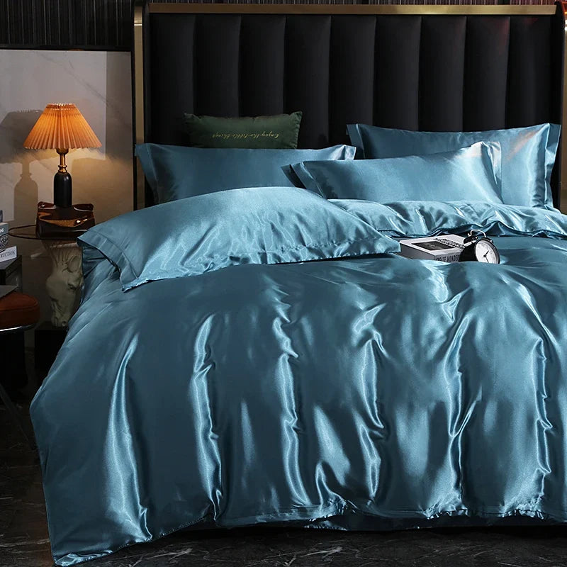 Luxury satin bedding set with fitted sheet and duvet cover from MC THE BLACK DIAMOND, showcasing elegant home decor.