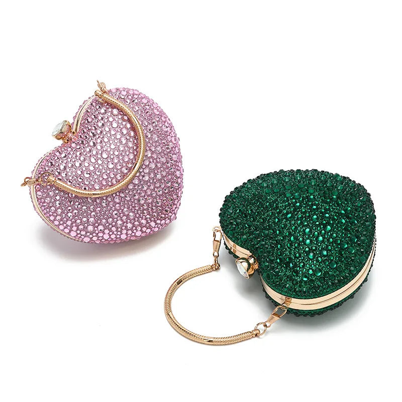 MC THE BLACK DIAMOND luxury diamond inlay heart-shaped crystal clutch bag with rhinestone embellishments and shoulder handle for evening events.