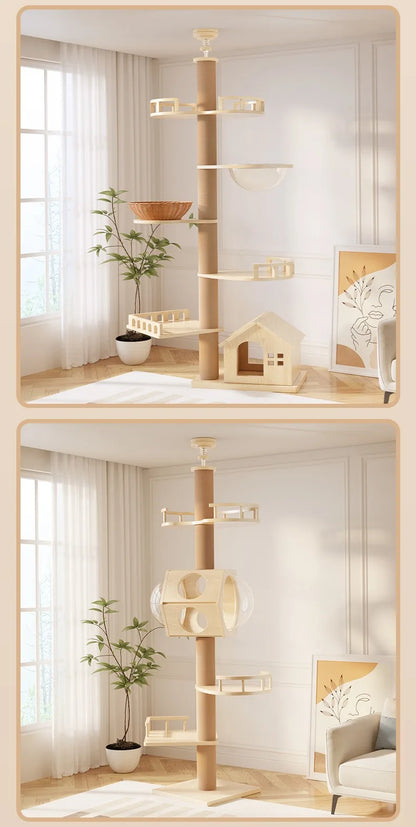 MC THE BLACK DIAMOND YXT cat tree with cat nest and perch, a multi-cat floor-to-ceiling tower with scratching posts and cozy resting spots.