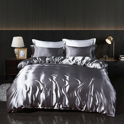 Luxury satin bedding set with fitted sheet and duvet cover by MC THE BLACK DIAMOND, showcasing smooth, elegant home decor.