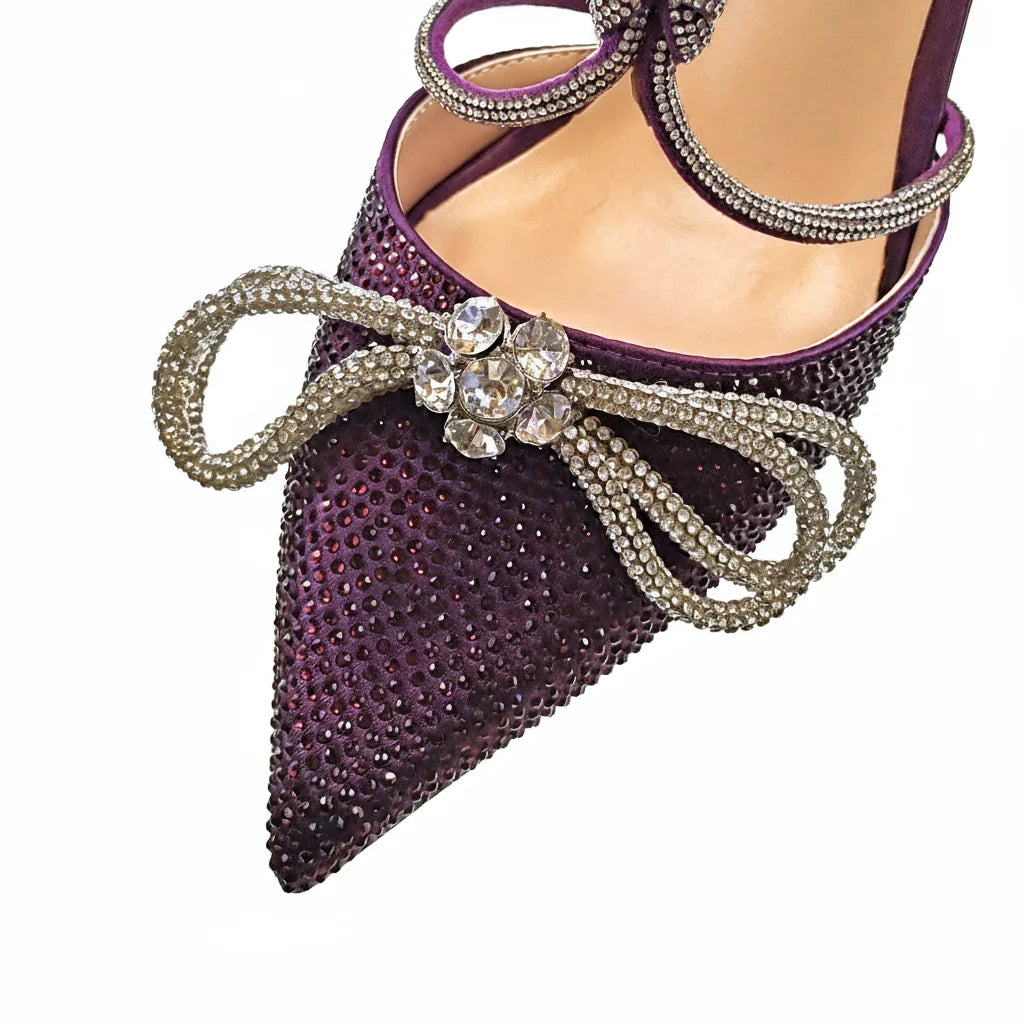 MC THE BLACK DIAMOND purple rhinestone high heels and matching bags set with pointed toes and full upper design