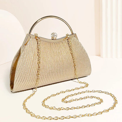 Gold MC THE BLACK DIAMOND pleated evening hand bag with glitter and diamond accents, top handle clutch for wedding and party events.