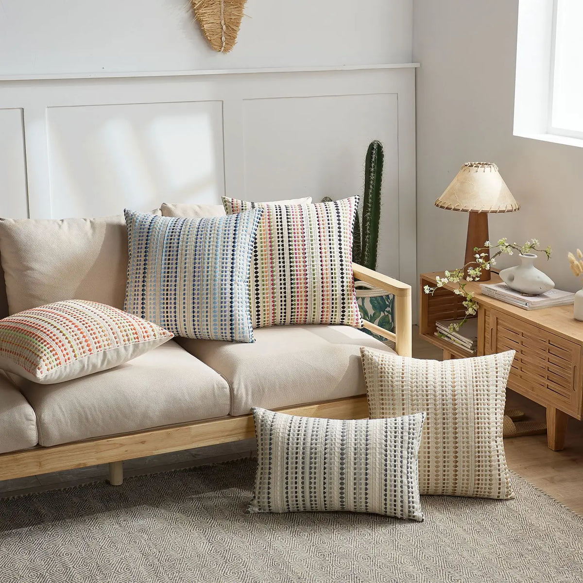 Nordic striped dots woven cushion cover by MC THE BLACK DIAMOND, cotton and linen geometric throw pillowcase for sofa decor.