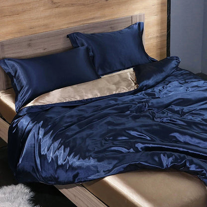 Luxury satin bedding set with fitted sheet and duvet cover by MC THE BLACK DIAMOND, showcasing smooth, elegant home decor.